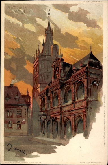 Artist Chromo-Litho Schmohl, Cologne, City Hall at dusk
