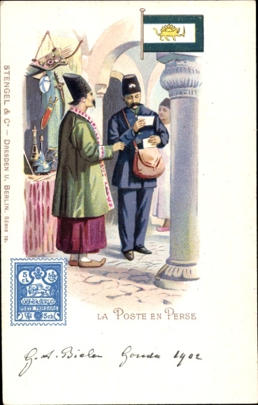 Briefmarken Litho Die Post in Persien Iran, Persischer Briefträger