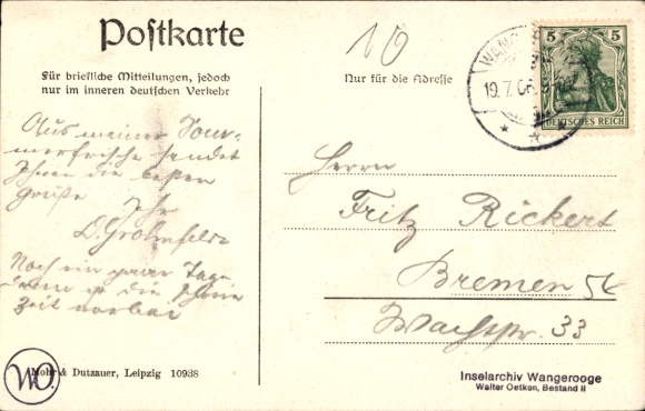 Postcard North Sea resort Wangerooge in East Frisia, sailing boat, passengers