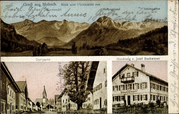 Ak Habach Oberbayern, uitzicht vanaf Ulrichsbühl, Heimgarten, Herzogstand, Buchwieser-winkel