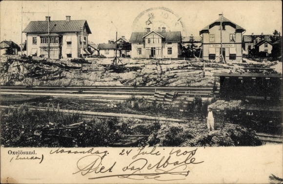 PC Öxelsund Sweden, partial view of the village with railway tracks
