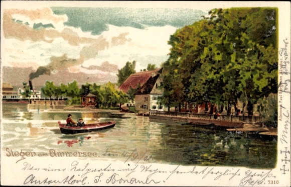 Chromo-Litho Stegen in the southern Black Forest Baden Württemberg, rowing boat, landing stage