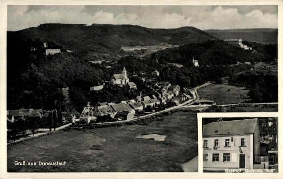 Postcard Donaustauf in the Upper Palatinate, landscape photograph, village view, dormer windows, inn, mountain landscape