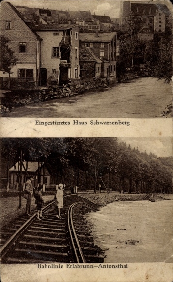 Postcard Erla Schwarzenberg in the Ore Mountains Saxony, collapsed house, railway line Erlabrunn-Antonstha...
