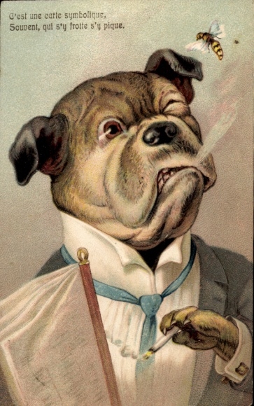 Postcard Humanized Dog, Cigarette, Bee