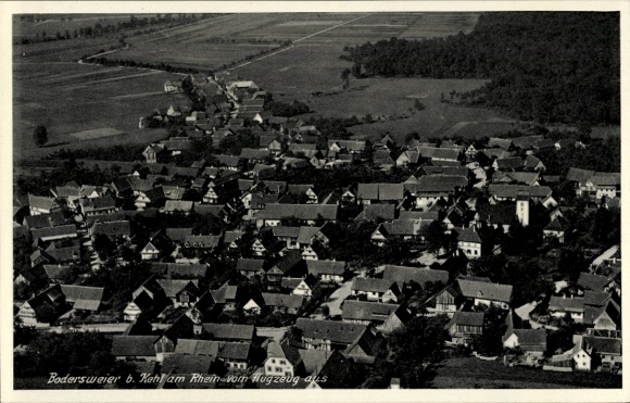 Postcard Bodersweier Kehl am Rhein, aerial view of many houses, rural surroundings, forest in the background