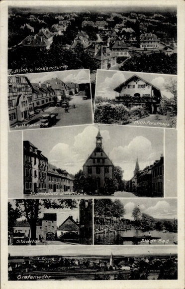 Ak Grafenwöhr in der Oberpfalz Bayern, Stadt, Rathaus, Markt, Stadtbad, Stadttor