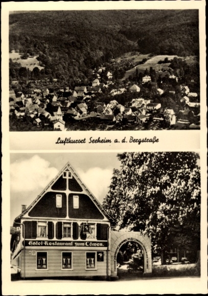 Postcard Seeheim Jugenheim an der Bergstraße, aerial view of the village, hotel-restaurant, classic style