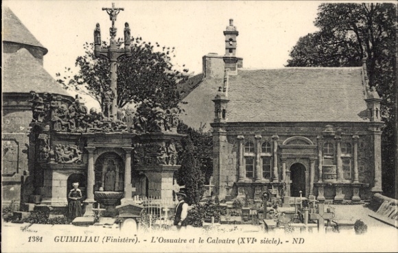 KP Guimiliau Finistère, Ossuaire, Calvaire, XVI w., figury, nagrobki