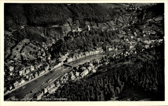 Postcard Altena in Westphalia, aerial view of the city, Beck Castle surrounded by mountains, river