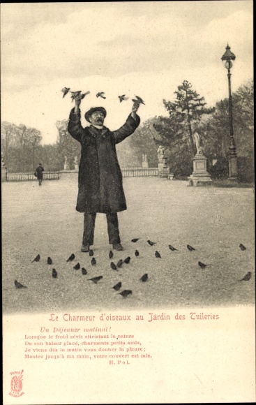 Postcard Paris, Jardin des Tuileries, The Bird Charmer, An Early Breakfast