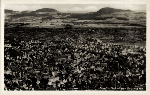 Aerial photograph of Schwäbisch Gmünd in Württemberg, mountains in the background, black and white