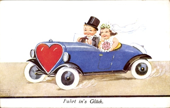 Artist Postcard Wills, John, Journey to Happiness, Wedding Couple in a Car