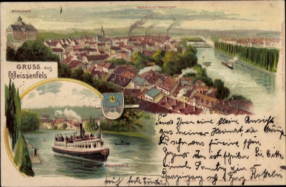 Herb lito Weißenfels nad Soławą, saloon parowiec Germania, zamek, widok na miasto