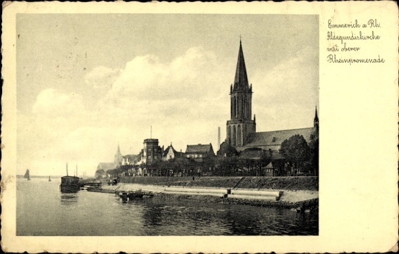 Postcard Emmerich am Niederrhein, Old Port, Aldegundis Church, Rhine Promenade, Ships