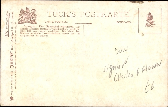 Artist Postcard Flower, Charles, Stuttgart, Night Watchman Fountain, Tuck 653 B