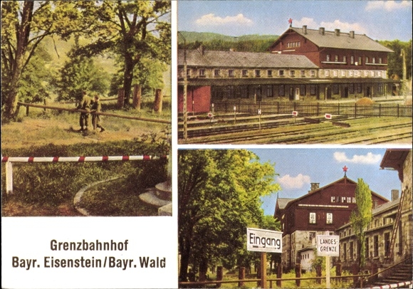 Ak Bayerisch Eisenstein in Niederbayern, Grenzbahnhof, Gebäude, Schrankenbäume