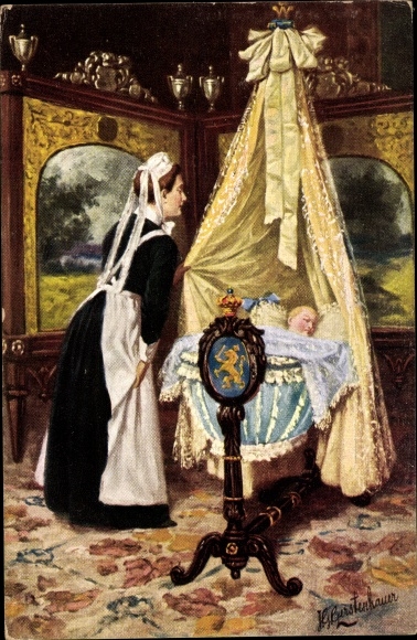 Artist PC Gerstenhauer, Johann Georg, nanny looks at sleeping baby in the cradle