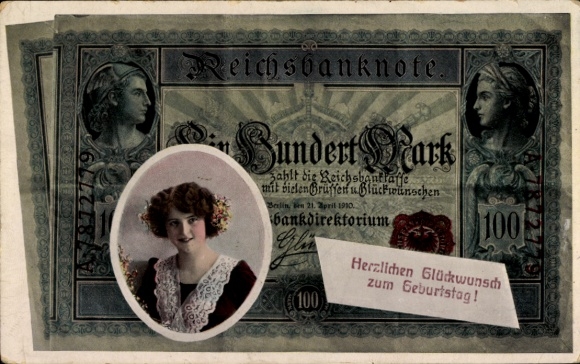 Postcard congratulations birthday, banknote, Reichsbanknote