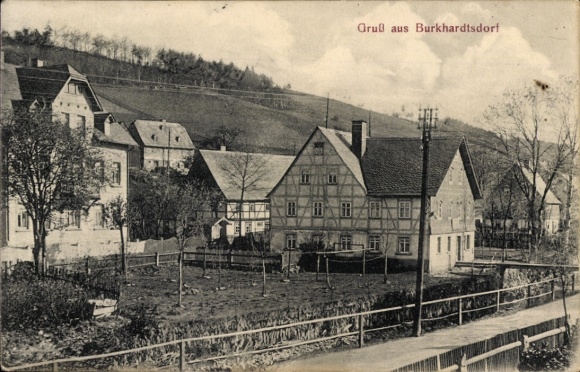Ak Burkhardtsdorf im Erzgebirge, Fachwerkhäuser
