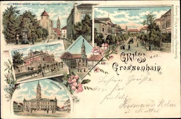Chromo-Litho Grossenhain in Saxony, Poststrasse, town hall, post office building, Bahnhofstrasse, main town church