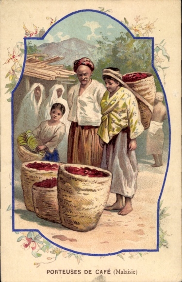 Postcard Malaysia, coffee carrier, coffee beans