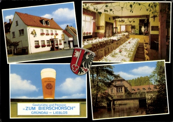 Postcard Lieblos Gründau in Hesse, coat of arms, restaurant Zum Bierschorsch, guest room