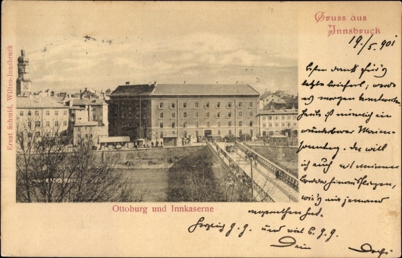 PC Innsbruck in Tirol, view of the Ottoburg, Inn barracks, street section