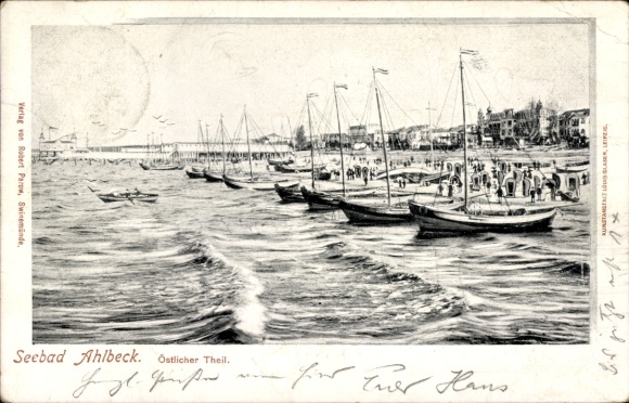 Postcard Ostseebad Ahlbeck on Usedom, eastern part, sailing boats