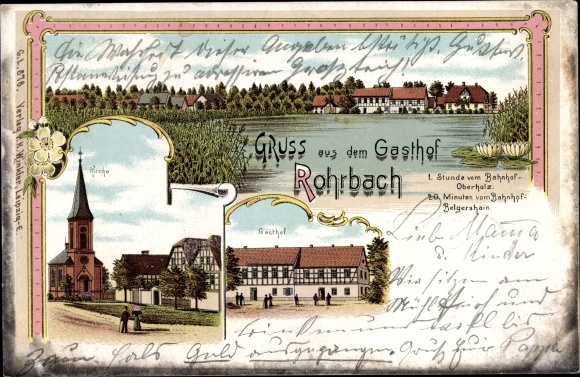 litho Rohrbach Belgershain in Saksen, herberg, kerk