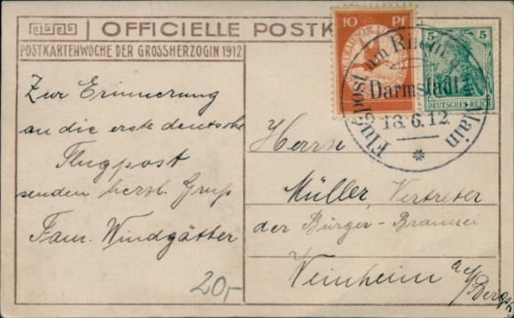 PC stamp Darmstadt, airmail on the Rhine and Main, 18.6.1912