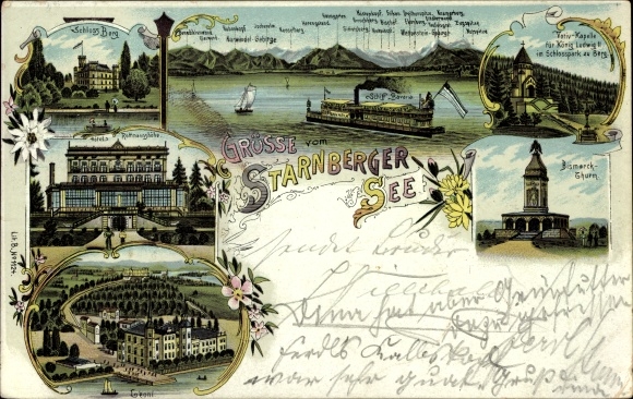 Chromo-Litho mountain on Lake Starnberg in Upper Bavaria, Bismarck Tower, saloon steamer, Leoni, votive chapel