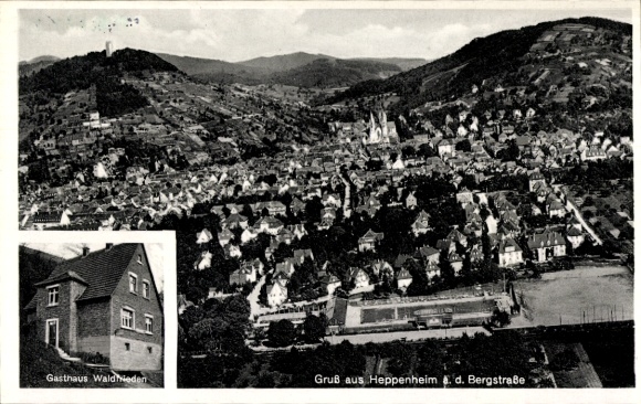 Ak Heppenheim an der Bergstraße, Luftaufnahme von  Gasthaus Waldhieden, Bergstraße
