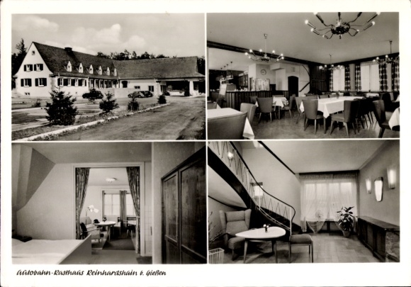 Postcard Reinhardshain Grünberg in Hessen, motorway service station, exterior and interior view