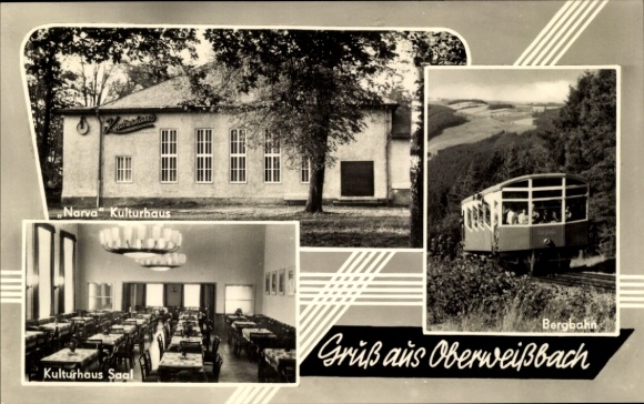 Postcard Oberweißbach in the Weißbachtal Thuringia, Narva Cultural Center, Cultural Center Hall, Mountain Railway, Greetings from O