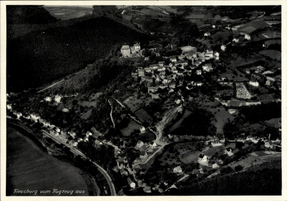 Postcard Freusburg Kirchen an der Sieg, aerial view of the village and surroundings, on the bank, landscape