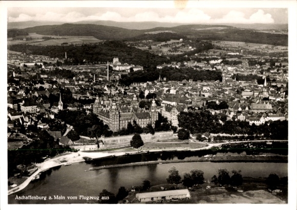Postcard Aschaffenburg in Lower Franconia, aerial view of Main, city view, river