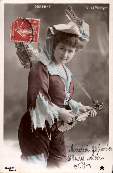 Postcard Variety Dancer Folies Marigny, Duberny, portrait with Ukulele