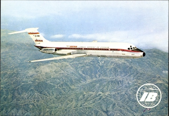 Postcard Spanish passenger plane, Iberia, Douglas DC 9