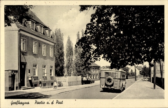 Ak Großkayna Braunsbedra Saksen-Anhalt, bij het postkantoor, bus