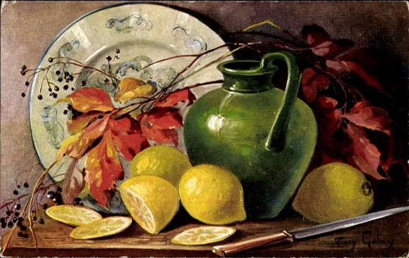Artist Postcard Golay, Mary, Still Life, Lemons, Green Vase, Plates, Autumn Leaves
