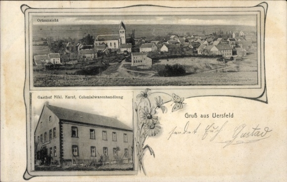 Ansichtkaart Uersfeld in de Eifel, algemeen beeld, herberg en kruidenierswinkel Nikl. Karst