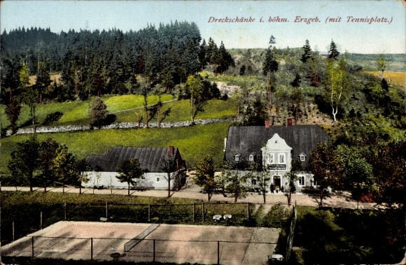 Postcard Potůčky Breitenbach Reg. Karlsbad, Dreckschänke with tennis court