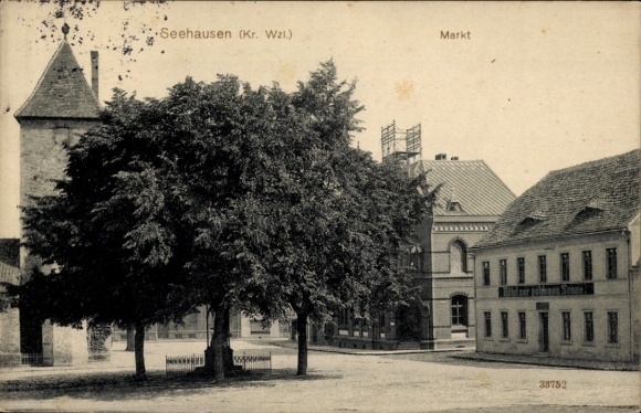 Postcard Seehausen Wanzleben Börde in Saxony Anhalt, market, Hotel zur golden Sonne
