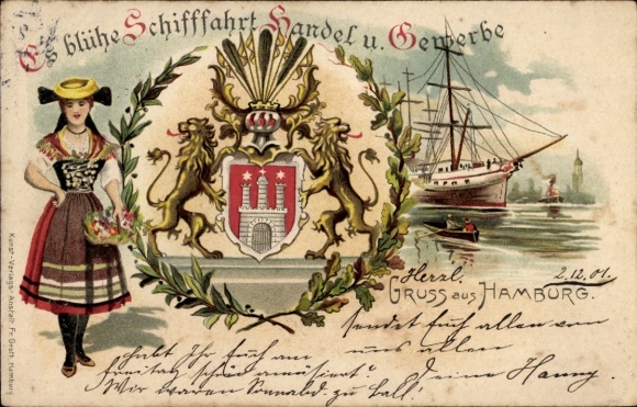 Coat of arms Chromo-Litho Hamburg, Let shipping, trade and commerce flourish, woman in traditional costume