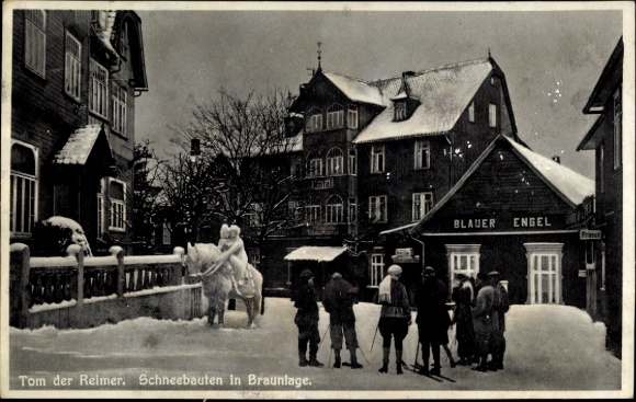 Postcard Braunlage in the Upper Harz, Tom the Rhymer, snow buildings, Blue Angel, winter