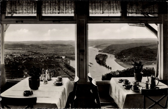 Ak Königswinter am Rhein, Blick auf den Rhein, Drachenfels, Restaurant, Tische mit Geschirr