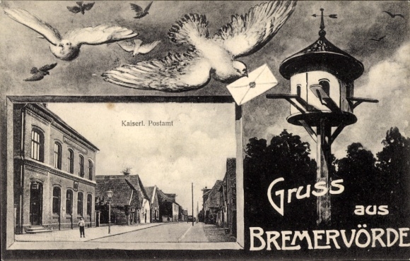 Passepartout Postcard Bremervörde in Lower Saxony, Imperial Post Office, Carrier Pigeons