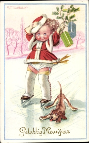Artist Postcard Mauzan, Happy New Year, girl ice skating, dog