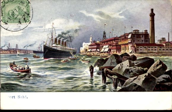 Artist Postcard Perlberg, F., Port Said Egypt, Steamship and Rowing Boats in Front of the City